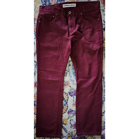 EXPRESS Jeans Rocco Mens 33x30 Slim Fit Skinny Leg Red Denim Pants Low Rise - Picture 1 of 8